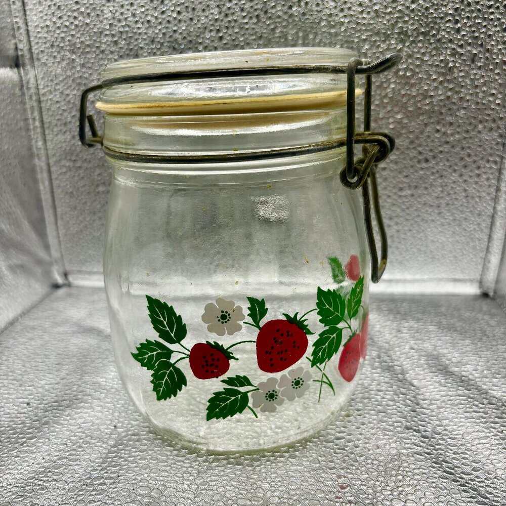 Glass Strawberries Storage Jar with Clip Lid - Clear/Red/Green by Carlton.